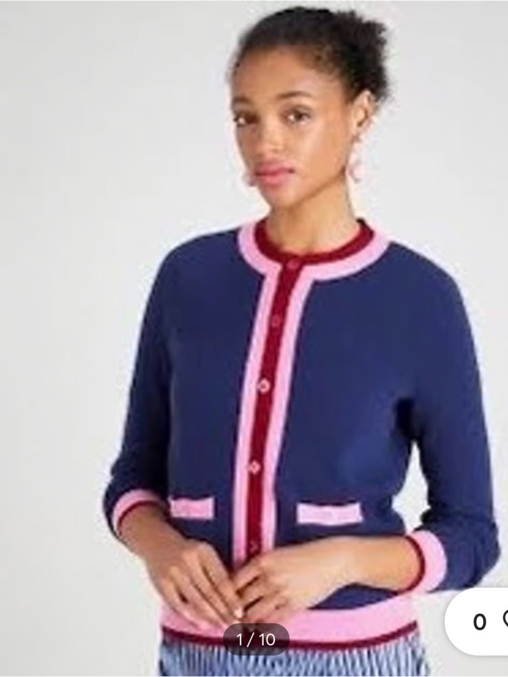 Kate Spade Cashmere Navy Cardigan with Pink and Burgundy Trim, size XL. Like new